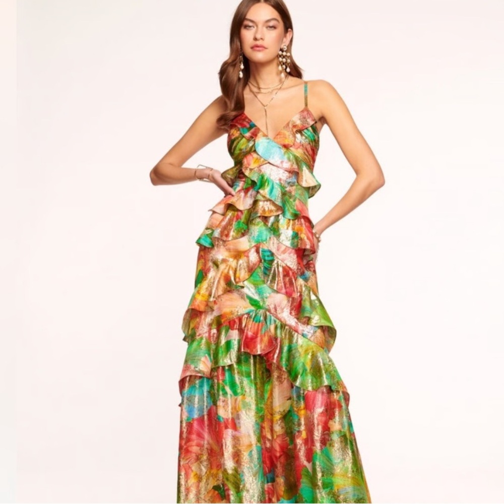 Ramy Brook Harlen Floral Tiered Ruffle Gown NWT Size 8 MSRP $795